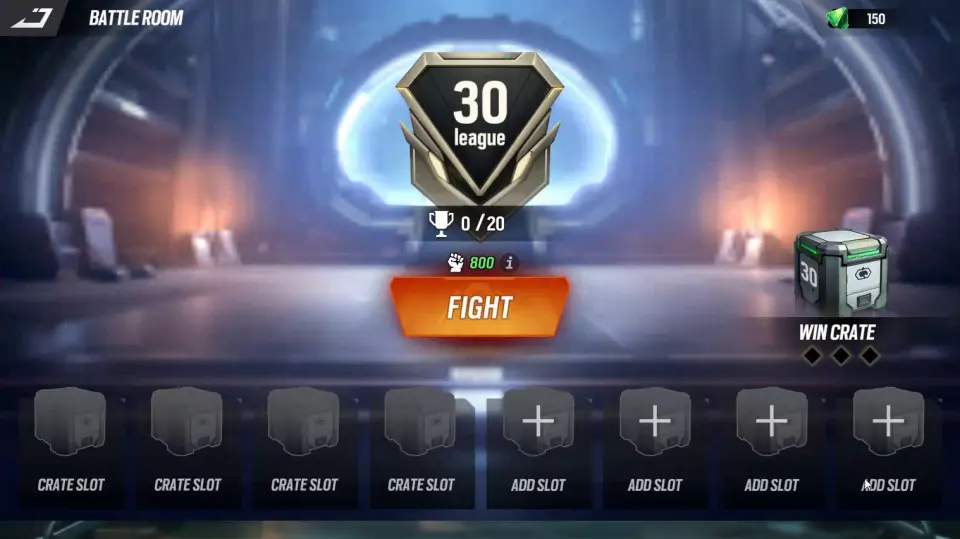Lust Goddess Battle Room in League 30 with the FIGHT button and crate slots